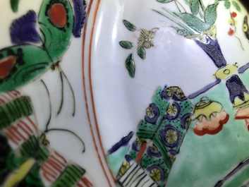 A Chinese famille verte plate with a lady and her cat, Kangxi
